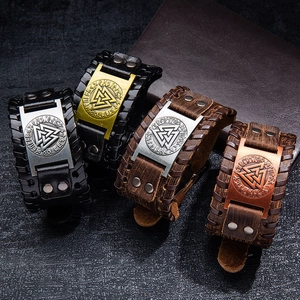 Nordic Viking leather bracelets featuring Valknut symbols and Elder Futhark runes in four colors
