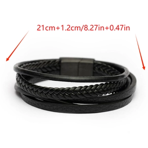 Multilayer black cowhide leather bracelet for men with stainless steel clasp, 21cm length
