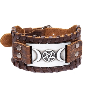 Vintage Viking leather bracelet with Nordic Odin symbols and engraved metal plate