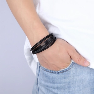 Men's multilayer braided leather bracelet in black with minimalist handcrafted design