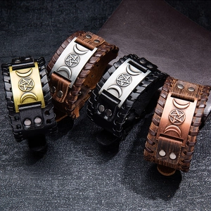 Retro Viking leather bracelets with Triple Moon and Pentagram symbols in four colors