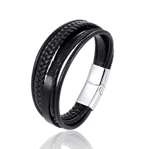 Multilayer black braided leather bracelet for men featuring a polished magnetic clasp