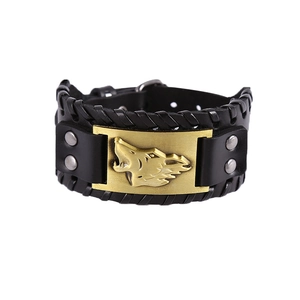 Men's double-layered leather punk bracelet featuring a bronze wolf head relief decoration