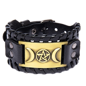 Retro black leather Viking bracelet with Odin symbol and woven edges for men
