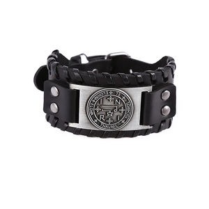 Handmade black leather punk bracelet with circular alloy religious sigil and rivet detail