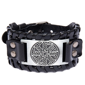 Retro Wide Leather Cuff Bracelet For Men Women Punk Woven Cowhide Bracelet Viking Rune Alloy Charm Jewelry Adjustable Hand Wrap