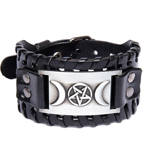 Vintage Viking Odin leather bracelet with a retro silver pentagram metal charm and rivets