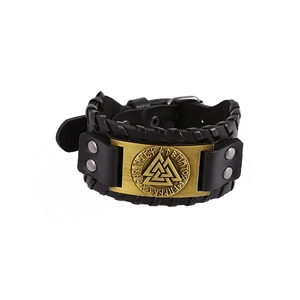 Detail of Viking leather bracelet showing Valknut symbol and bronze rune metal plate