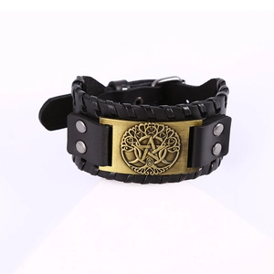 Men's leather bracelet with vintage bronze Tree of Life metal plate and woven edges