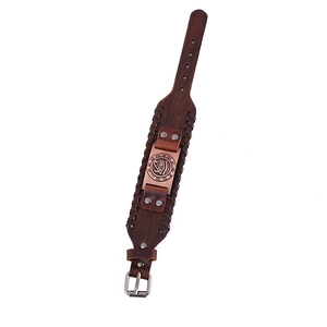 Vintage brown leather Eye of Horus bracelet with bronze metal charm and buckle