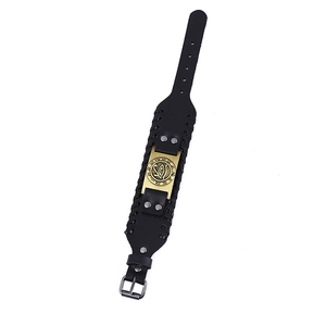 Retro punk black leather bracelet with bronze Eye of Horus metal plate and weaving