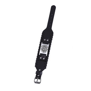 Retro punk black leather bracelet featuring silver Eye of Horus charm and buckle strap