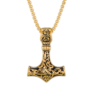 Nordic Viking Mjolnir pendant necklace in gold finish with intricate relief engravings