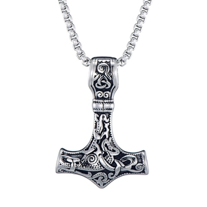 Nordic Viking Mjölnir necklace with Thor's hammer pendant and vintage engraved patterns