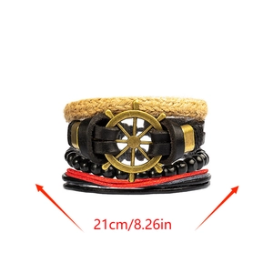 Set bracciale multistrato fatto a mano stile nautico con ciondolo timone in bronzo