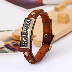 Vintage brown leather belt bracelet with believe engraved bronze plate for men and women