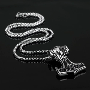 Men's Norse Mjölnir hammer pendant necklace in silver stainless steel on black background