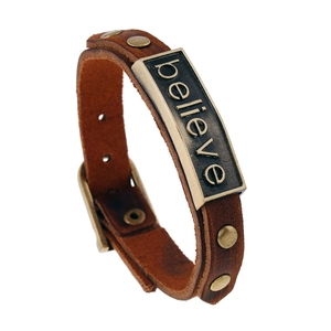 Vintage Believe Lettering Cowhide Leather Bracelet For Men Women Adjustable Punk Handmade Rivet Alloy Cuff Jewelry