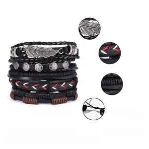 Detailed view of layered leather bracelet with feather charm and adjustable alloy clasp