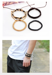 Set mit vier Vintage-Lederarmbändern und Perlen mit verstellbaren Kordeln für Herren