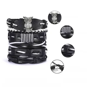 Detail view of multi-layer leather bracelets with owl charm and adjustable closure info