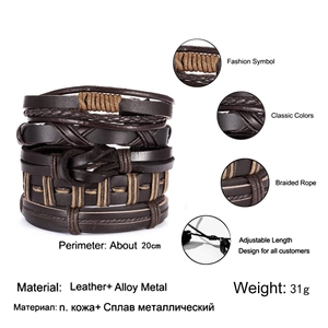 Detail view of woven leather texture and adjustable knots on brown multilayer bracelets