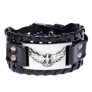Bracelet vintage en cuir tressé avec totem d'aigle et bracelet punk argenté