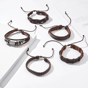 Five-piece vintage men's leather bracelet set with cross woven patterns and adjustable cord