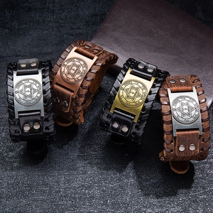 Nordic vintage leather bracelet featuring Viking hexagram and mystic metal charms