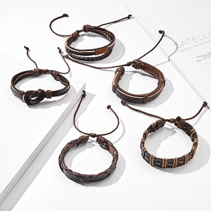 Detail view of 5-piece vintage men's braided leather bracelet set with adjustable cords