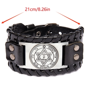 Vintage Viking leather bracelet with pentagram metal plate and woven stitching detail