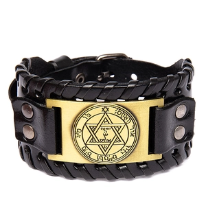 Vintage Viking leather bracelet with golden Star of David charm and metal rivets