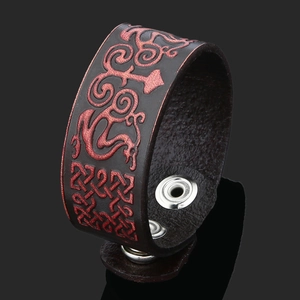 Retro punk wide leather bracelet for men featuring red metallic dragon and Celtic knot