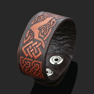 Men Viking Totem Embossed Genuine Leather Wide Bracelet Vintage Punk Celtic Knot Adjustable Metal Snap Hand Jewelry