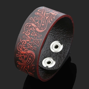 Vintage Viking leather bracelet with red dragon totem and silver snap buttons