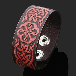 Punk vintage leather bracelet with red Viking dragon emboss and double snap buttons