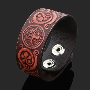 Vintage Viking leather bracelet with embossed Celtic Tree of Life and dual snap buttons