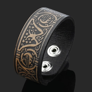 Punk vintage black leather cuff bracelet with gold Viking tribal patterns and silver snaps