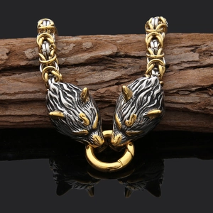 Détails de la chaîne viking byzantine avec têtes de loup bicolores en acier inoxydable poli