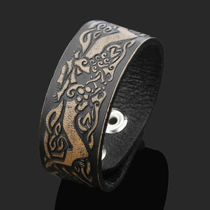 Handmade punk viking leather bracelet for men with embossed wolf totem and metal buttons