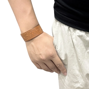 Handmade punk vintage brown genuine leather wide bracelet for men with scroll relief