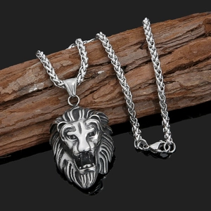 Viking Stainless Steel Lion Head Pendant Necklace For Men Vintage Thor Hammer Mjolnir Punk Jewelry Wolf Head Engraved Chain