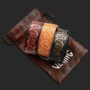 Three-piece Viking embossed leather bracelets set for men with a drawstring storage pouch