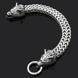 Pulsera Vikinga de cabeza de lobo en acero inoxidable para hombre con cadena trenzada