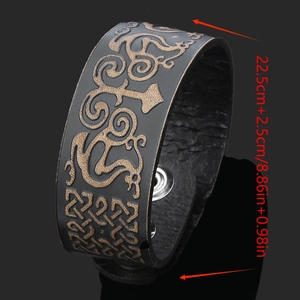 Vintage black wide leather cuff bracelet featuring bronze Viking dragon patterns for men