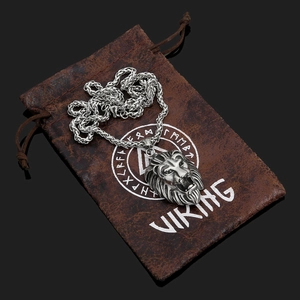 Viking lion head pendant necklace in stainless steel with braided chain and pouch