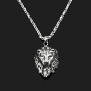 Polished stainless steel lion head pendant necklace with wheat chain for men in silver
