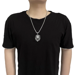 Men's Viking lion head pendant necklace in silver stainless steel on wheat chain