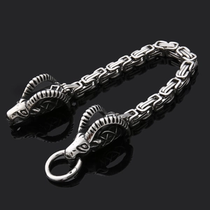 Detail of Viking Thor Hammer bracelet with ram heads and Byzantine stainless steel chain