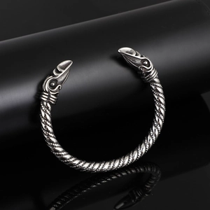 Viking Stainless Steel Raven Head Open Bangle For Men Vintage Nordic Twisted Bracelet Norse Gothic Jewelry Gift Steel Color